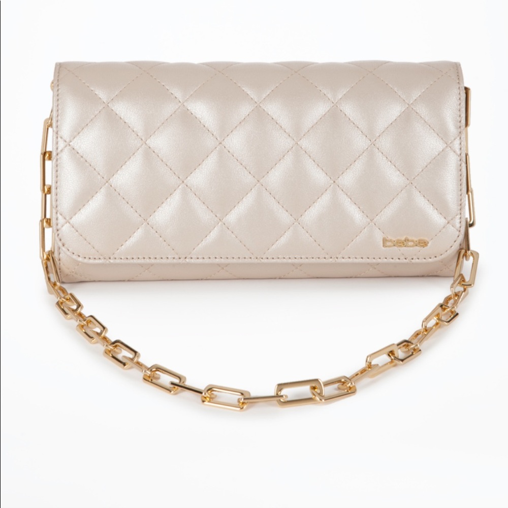 Bebe Champagne Clutch with Gold Hardware Handle